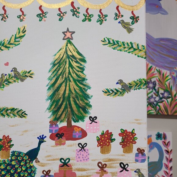 Christmas Peacock Original Painting Winter Artwork Christmas Wall Art - Picture 3 of 7